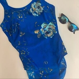 Vintage Gottex One Piece Blue Gold Floral Swimsuit